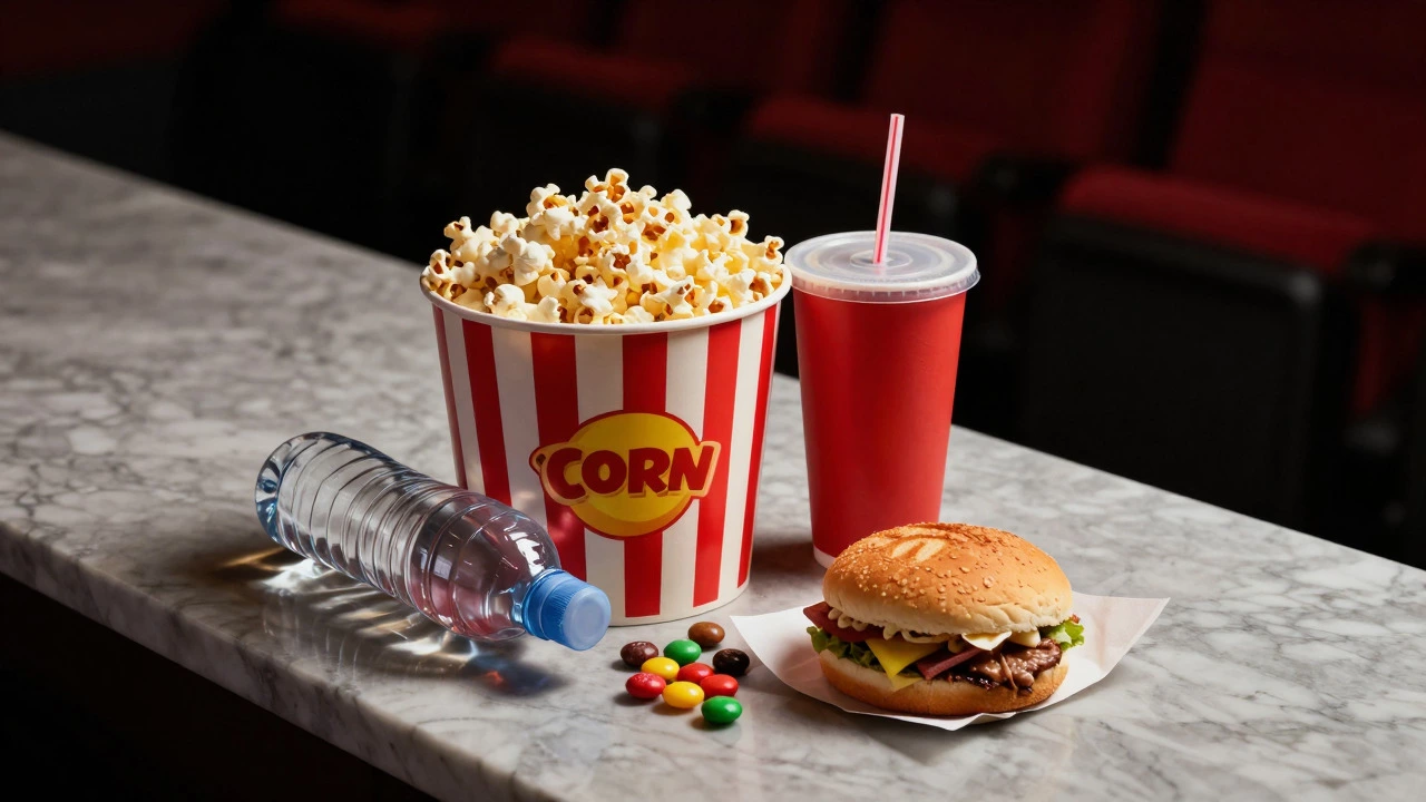 Cinema snacks next to a reusable bottle and sandwich