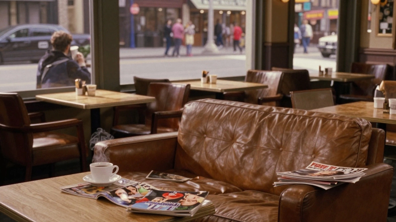 Cozy 90s-style coffee shop interior with leather sofa and warm sunlight.