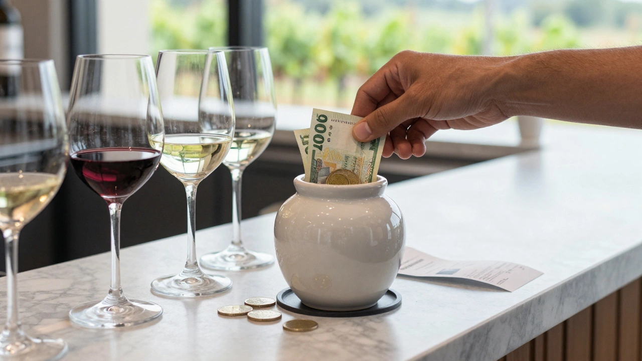 Hand placing cash tip in ceramic jar beside wine glasses on counter