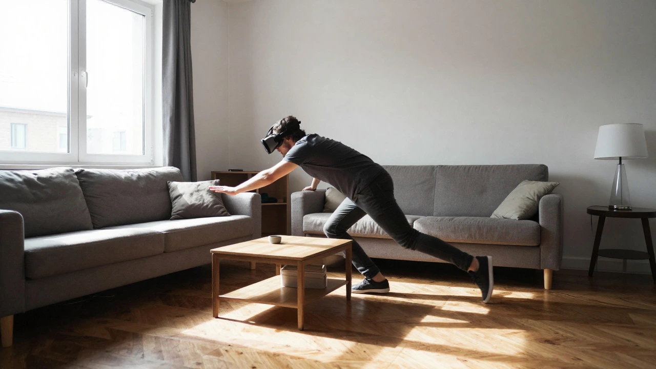 Person lunging in VR near furniture in a small room