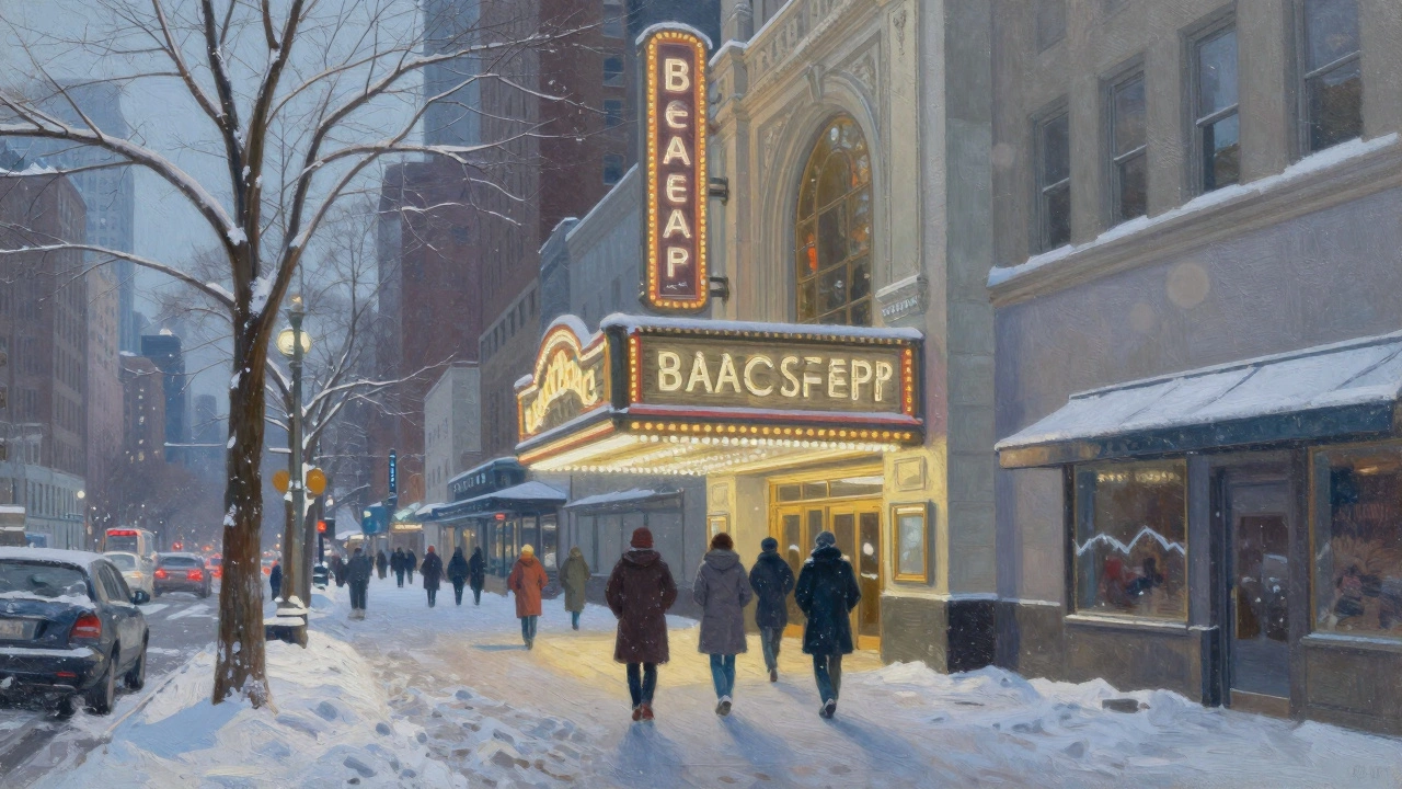 Snowy winter scene outside a Broadway theater in January