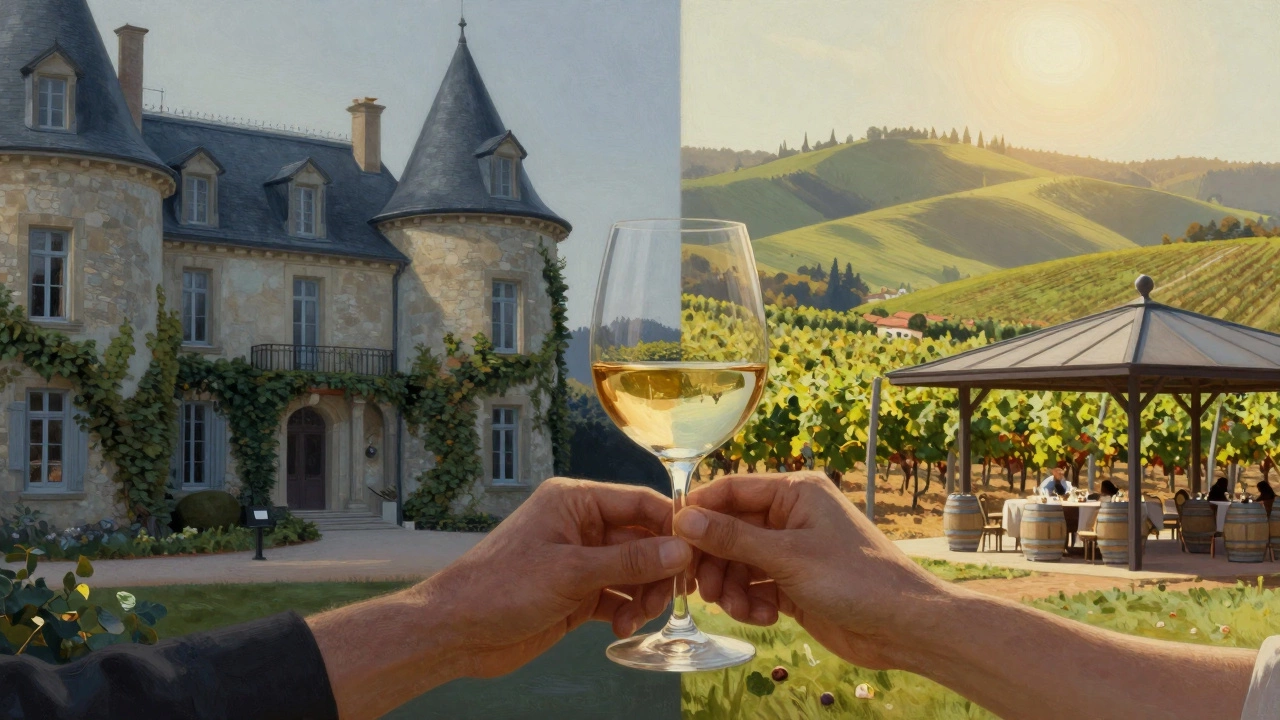Split view comparing European chateau and sunny vineyard architecture