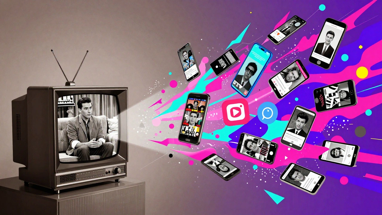 Surreal collage blending retro TV imagery with modern digital social media chaos.