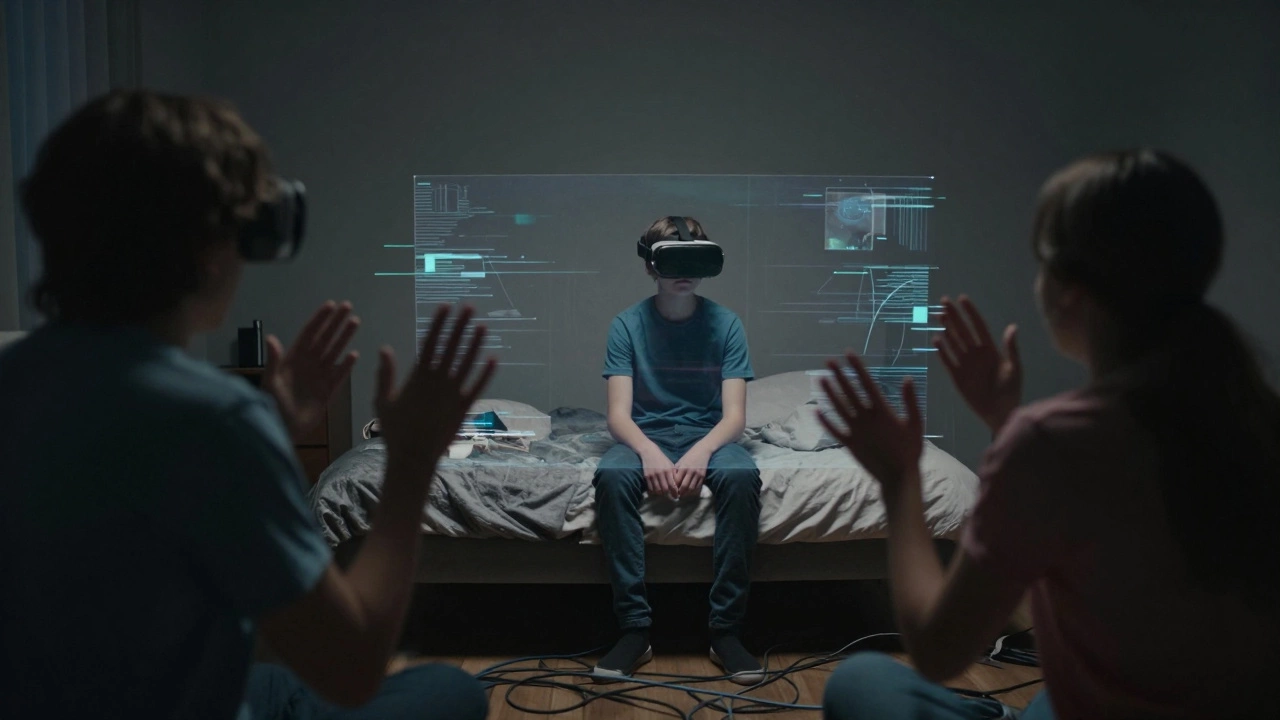 Teenager isolated in VR while family stands behind a digital barrier