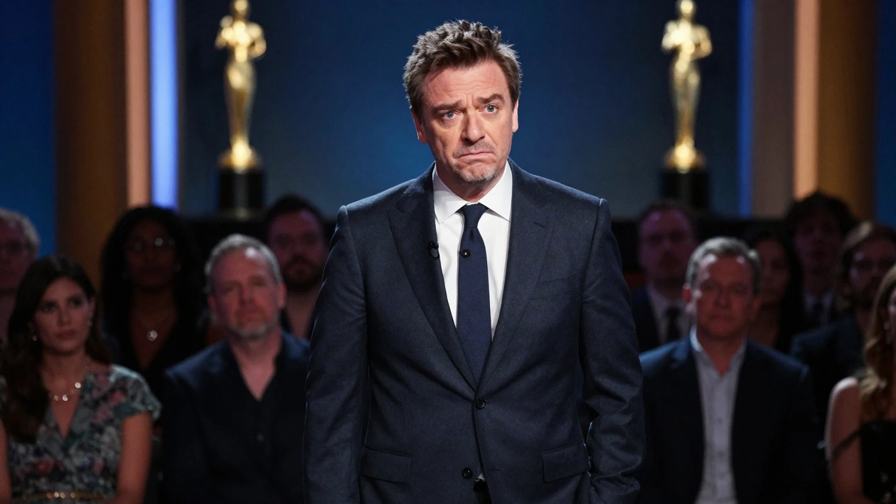 TV host in a suit on a prestigious awards show set