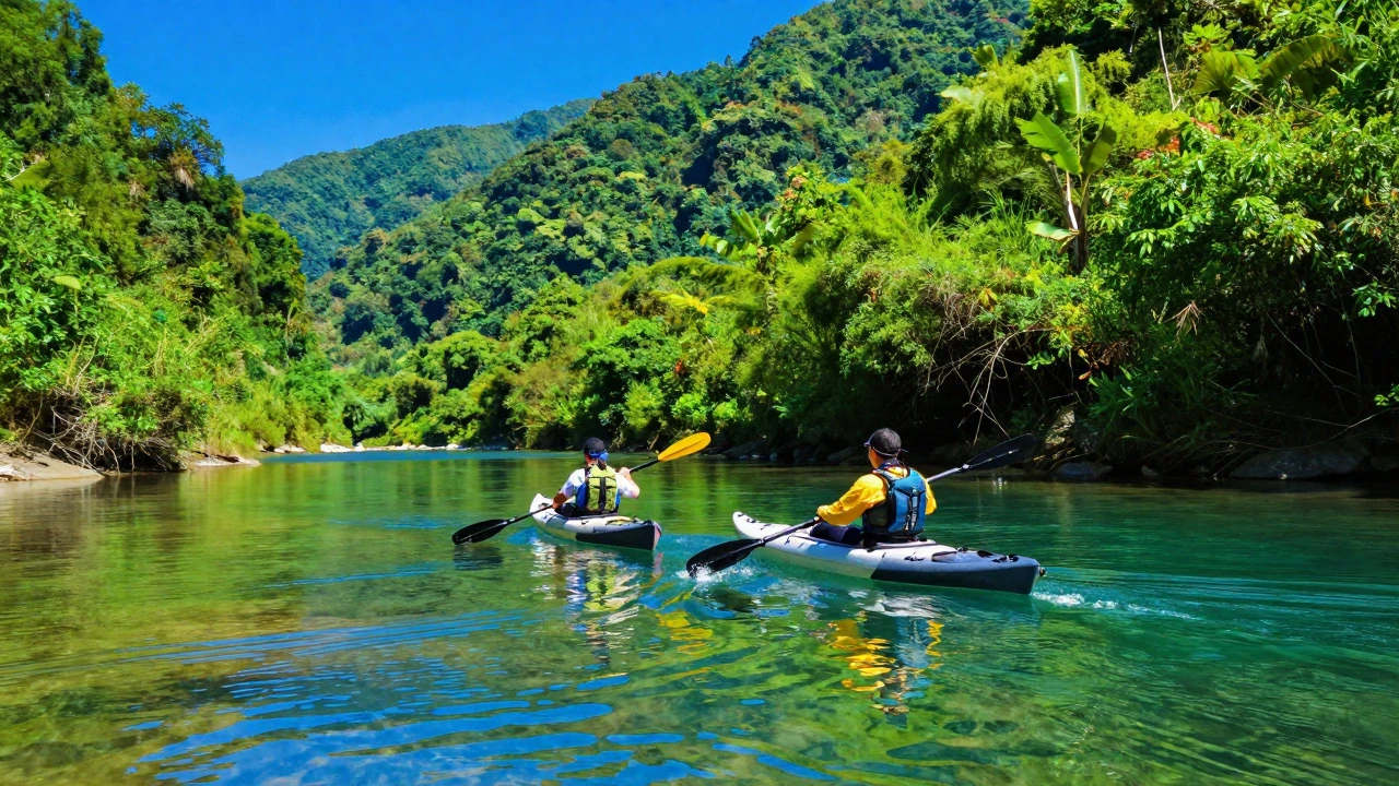 Two people kayaking on a clear river