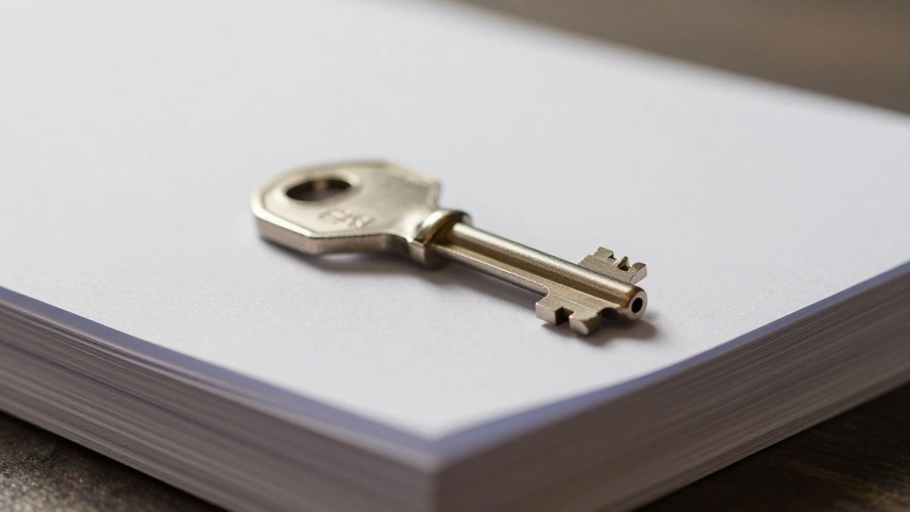 A metal key resting on a stack of paper documents