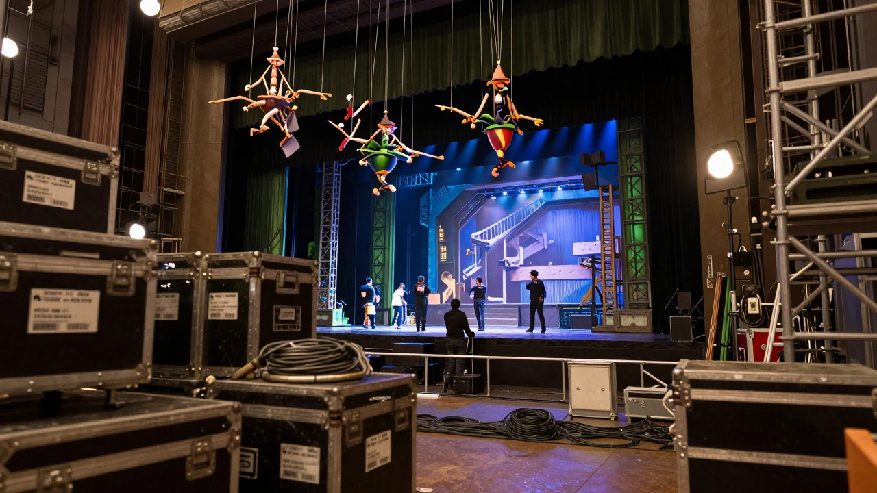 Backstage view of Wicked tour set construction and rigging