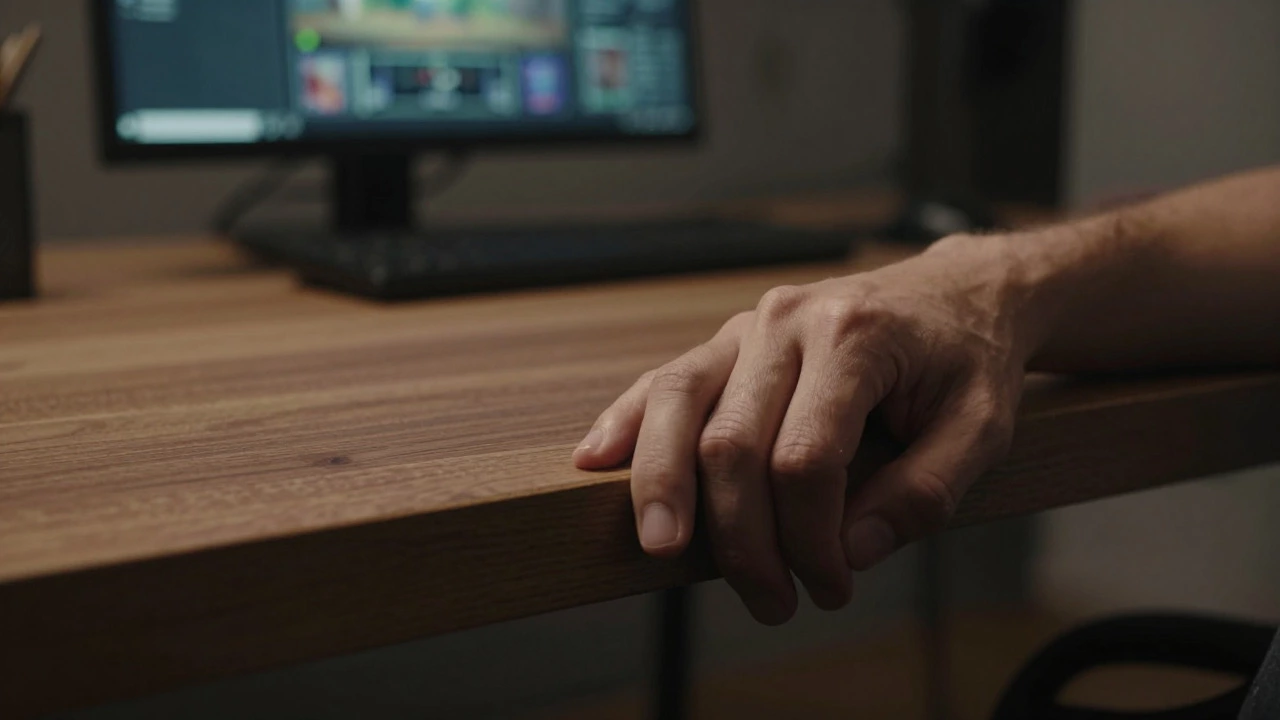 Close-up of a hand gripping a table edge in a dim room, suggesting grounding