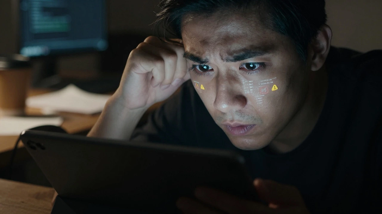 Close up of a person looking intently at a tablet screen in a dark room