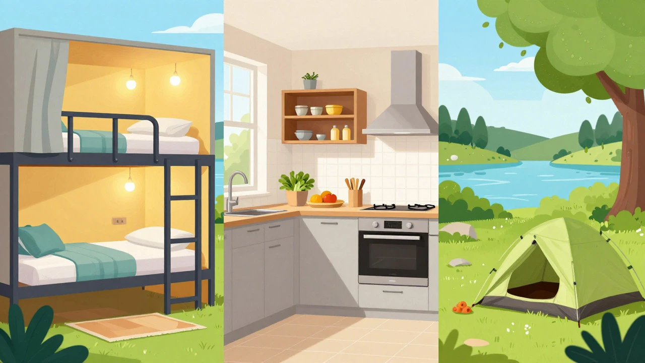 Comparison of budget accommodation types: hostel, apartment, camping