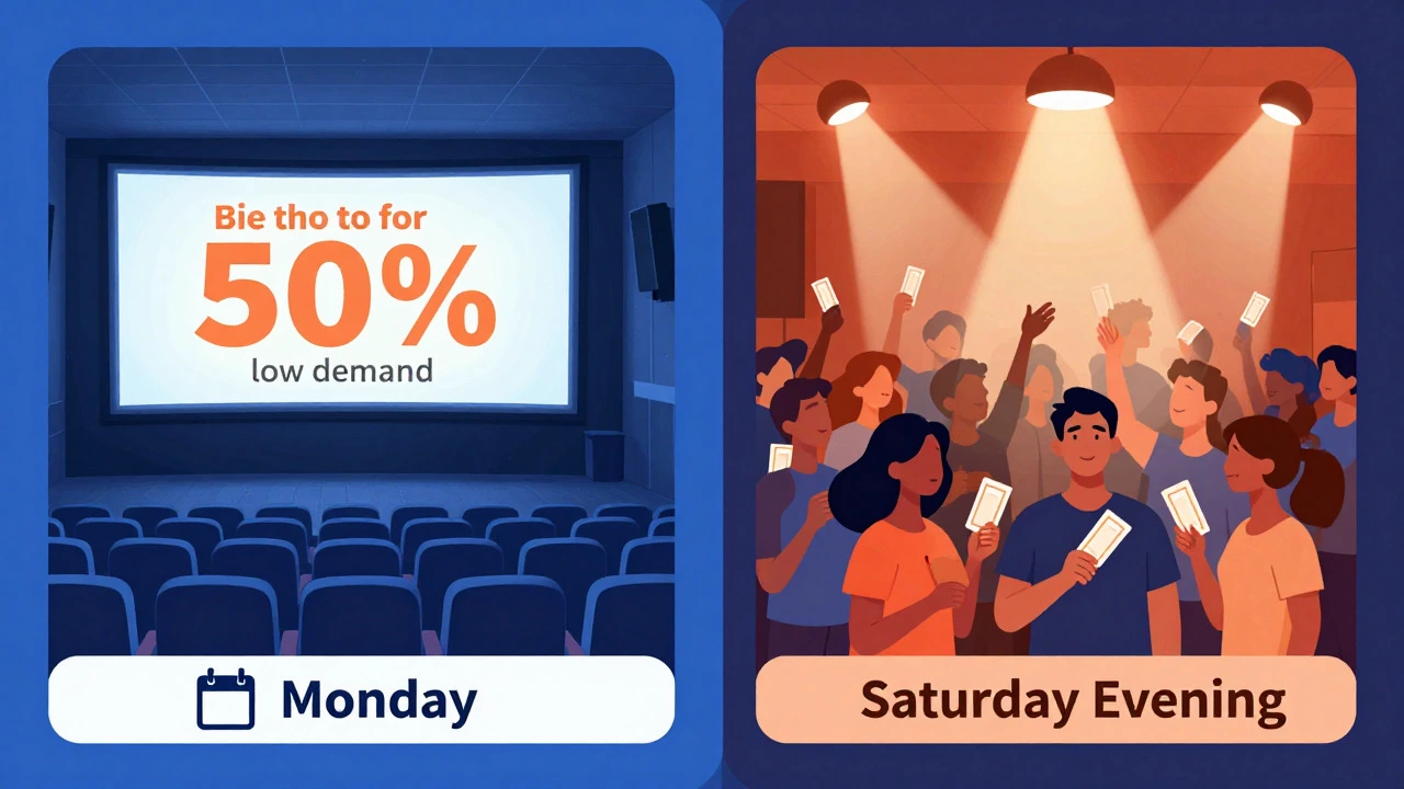 Conceptual art comparing empty Monday theaters to crowded Saturday nights