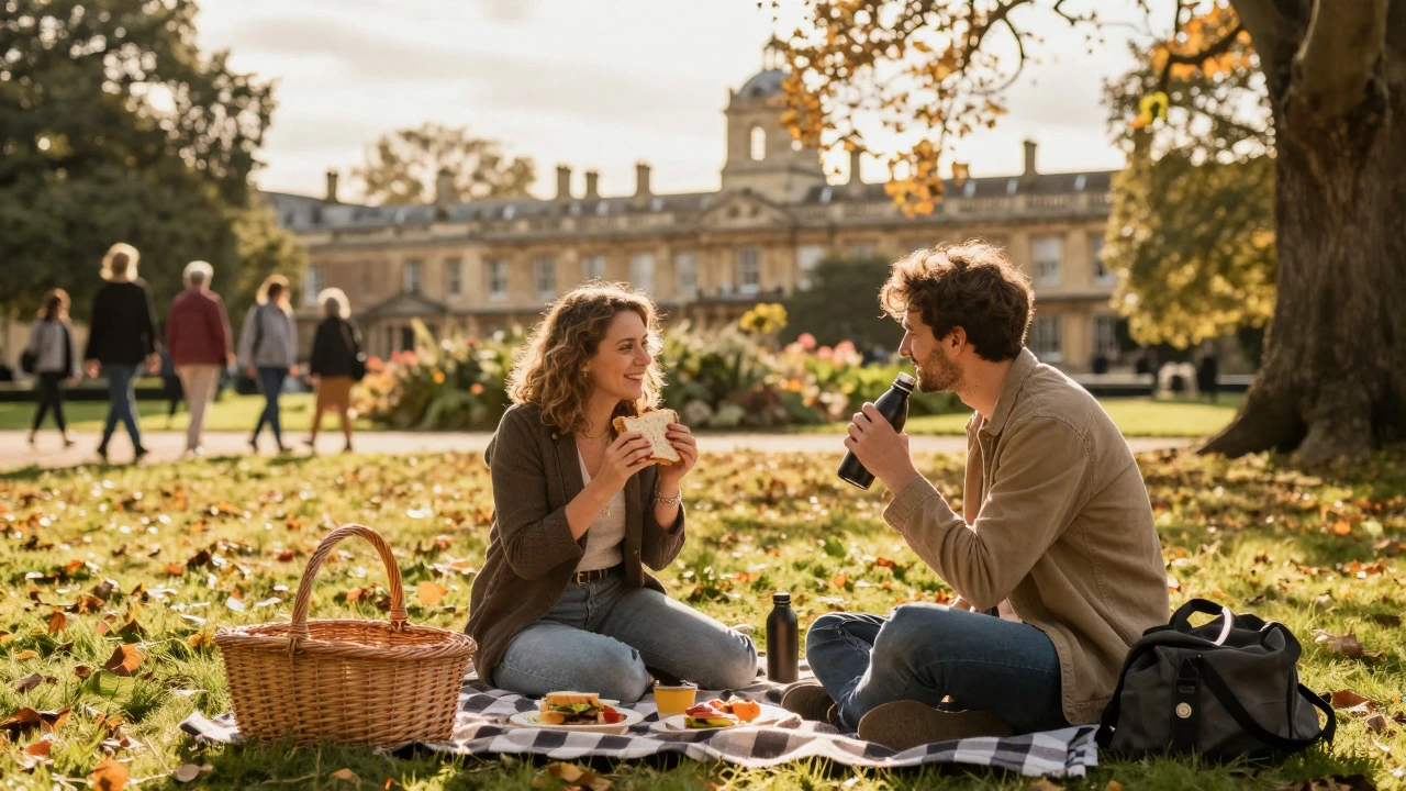 Couple having picnic in park during golden hour sunlight