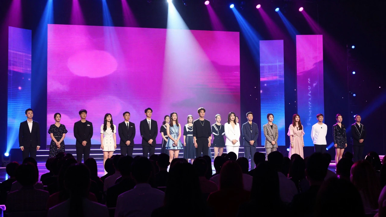 Crowded studio audience watching a brightly lit reality competition finale with falling confetti