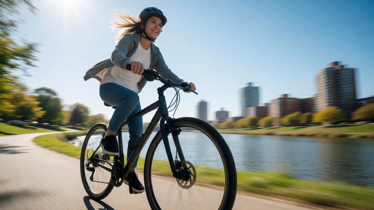 Cyclist riding a hybrid bike along a riverside path