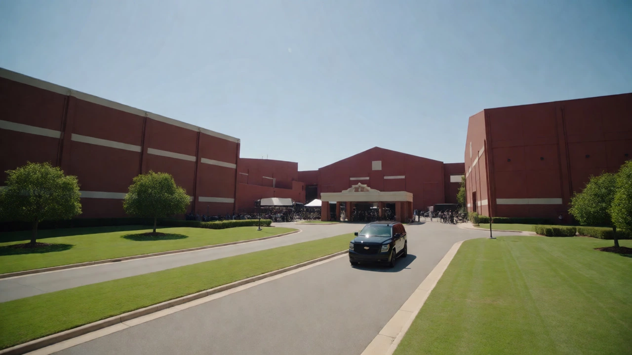 Exterior view of the expansive Tyler Perry Studios complex in Atlanta under a clear sky.