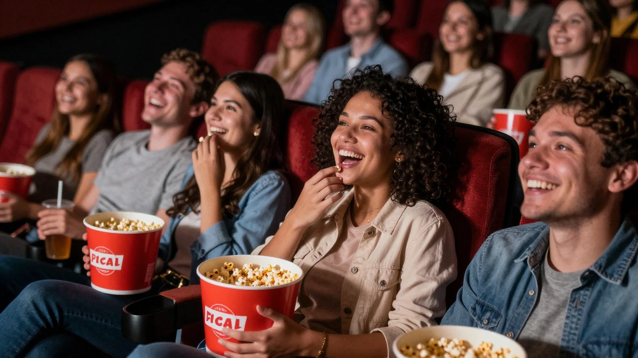 Friends laughing and sharing popcorn while watching a movie in a theater