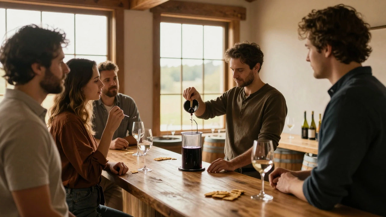 Friends tasting wine and eating crackers at a winery cellar door