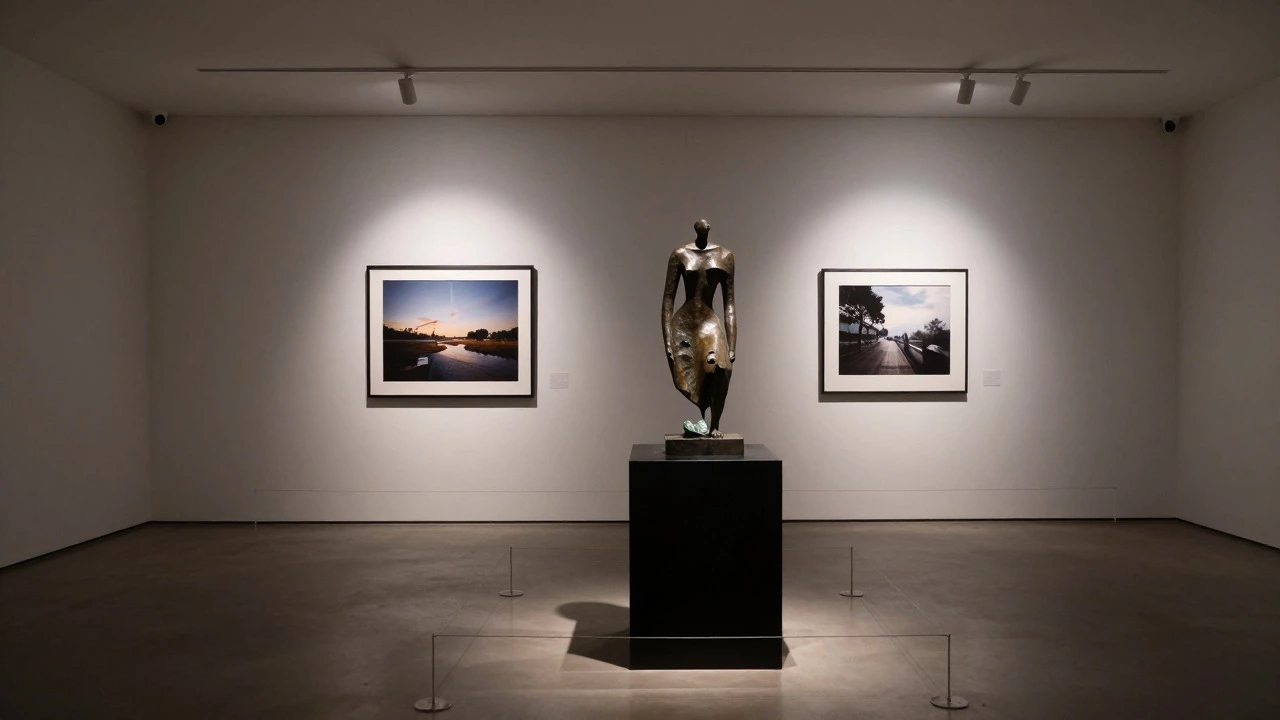 Gallery interior showing sculpture clearance and focused track lighting