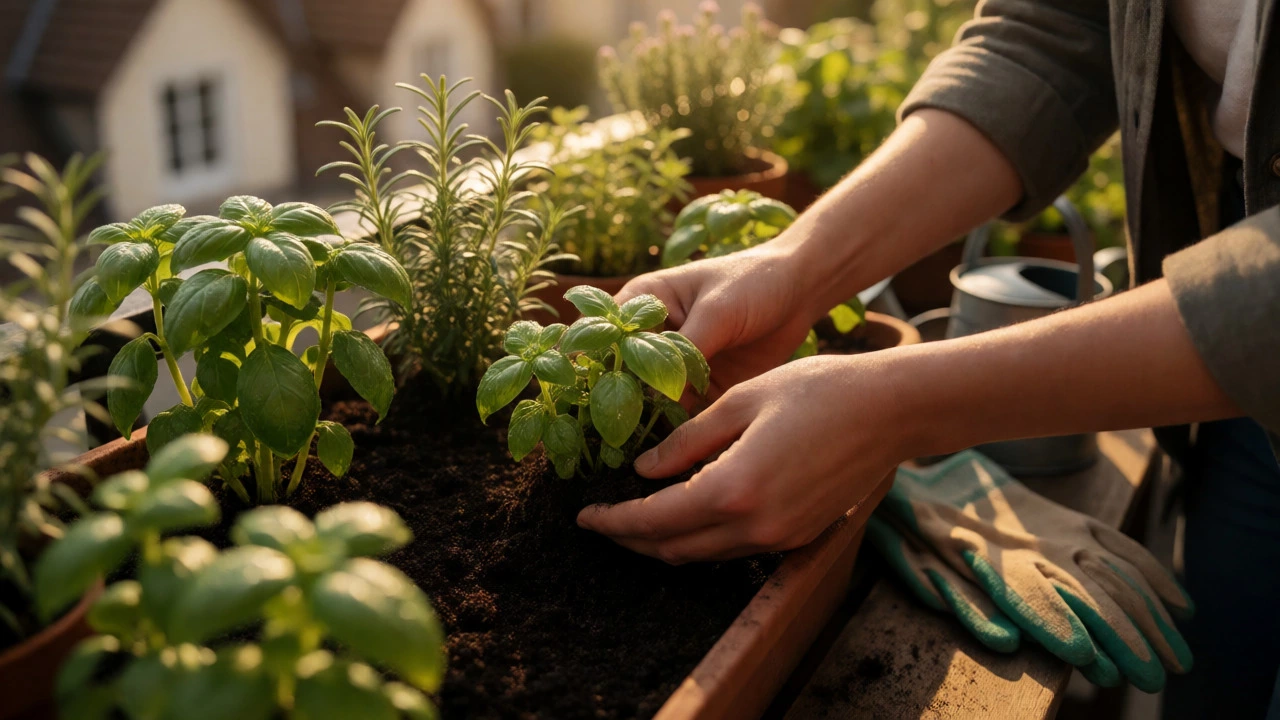Hands tending to potted herbs on a balcony garden