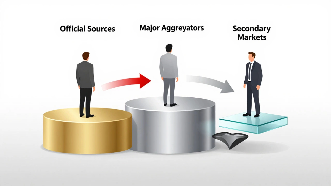 Illustration of three figures standing on different levels of stability representing ticket sellers