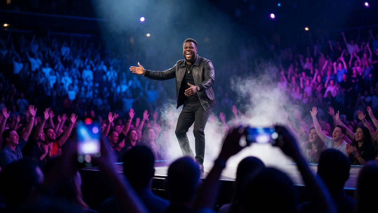 Kevin Hart performs energetically on a brightly lit stage before a massive, cheering crowd.