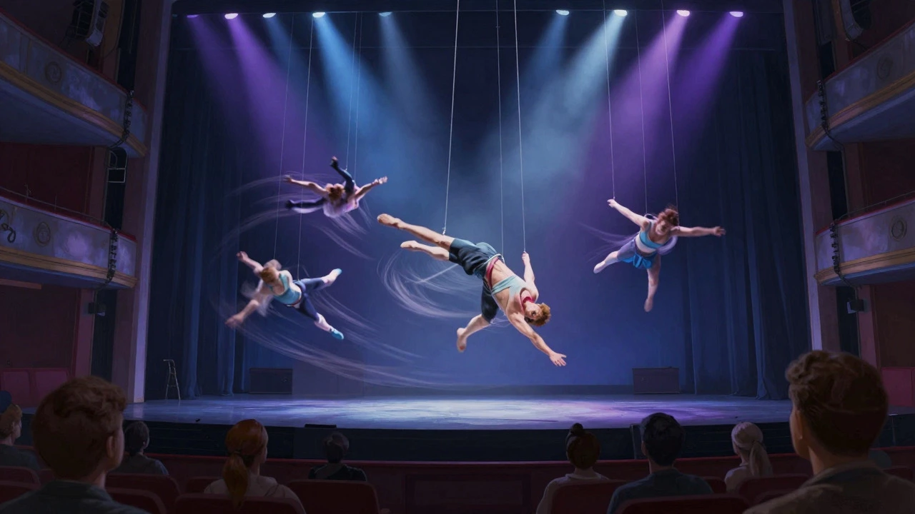 Low angle view of actors flying above a theater stage under colored lights
