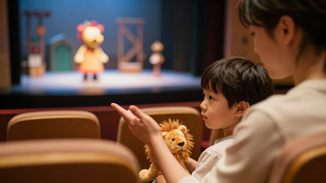 Parent talking to a child in a theater seat with a soft-focus stage background