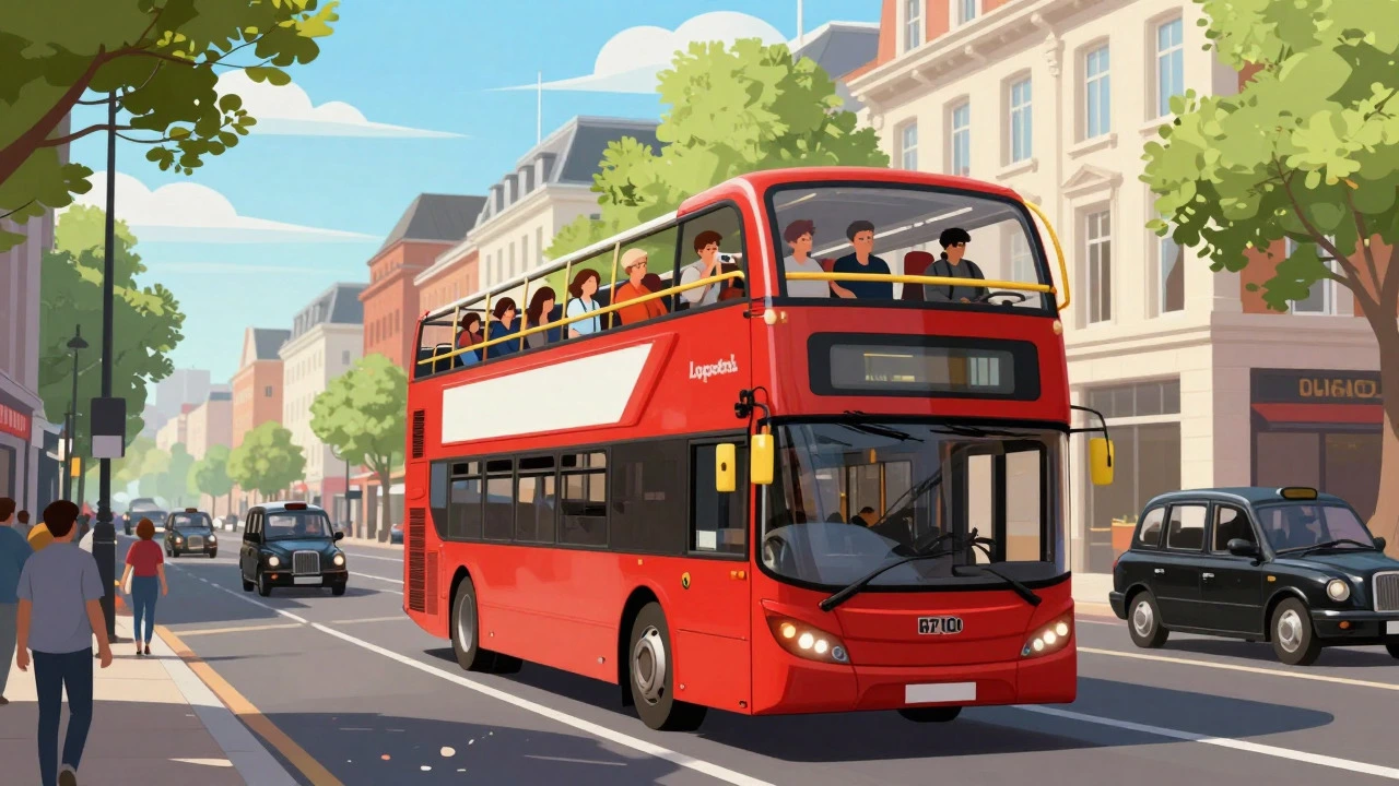 Passengers enjoying views from an open-top double-decker bus in a city center