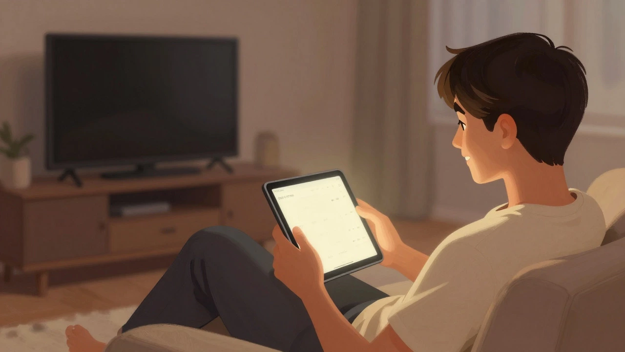 Person relaxing on a sofa watching a tablet in a dimly lit room with a dark TV in the background