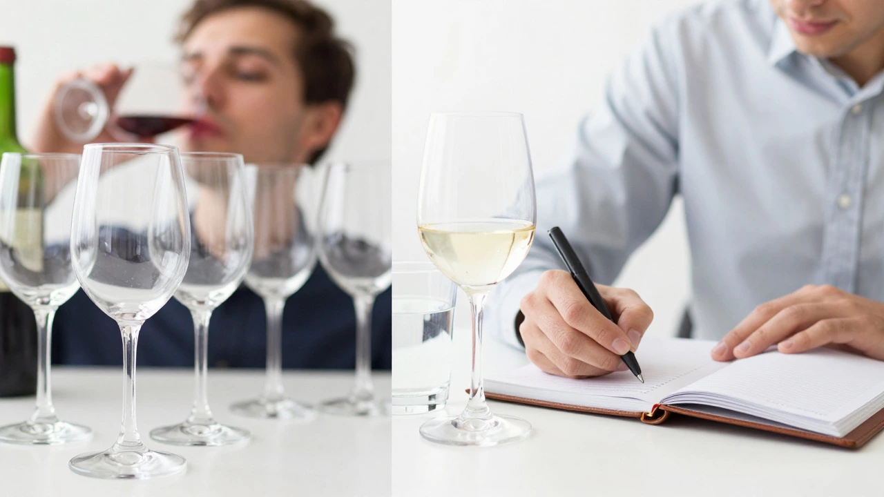 Person taking wine tasting notes next to a glass of water and wine