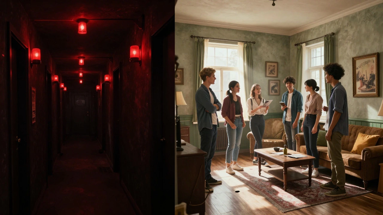 Split image comparing a dark horror escape room with a bright, open historical mystery room.