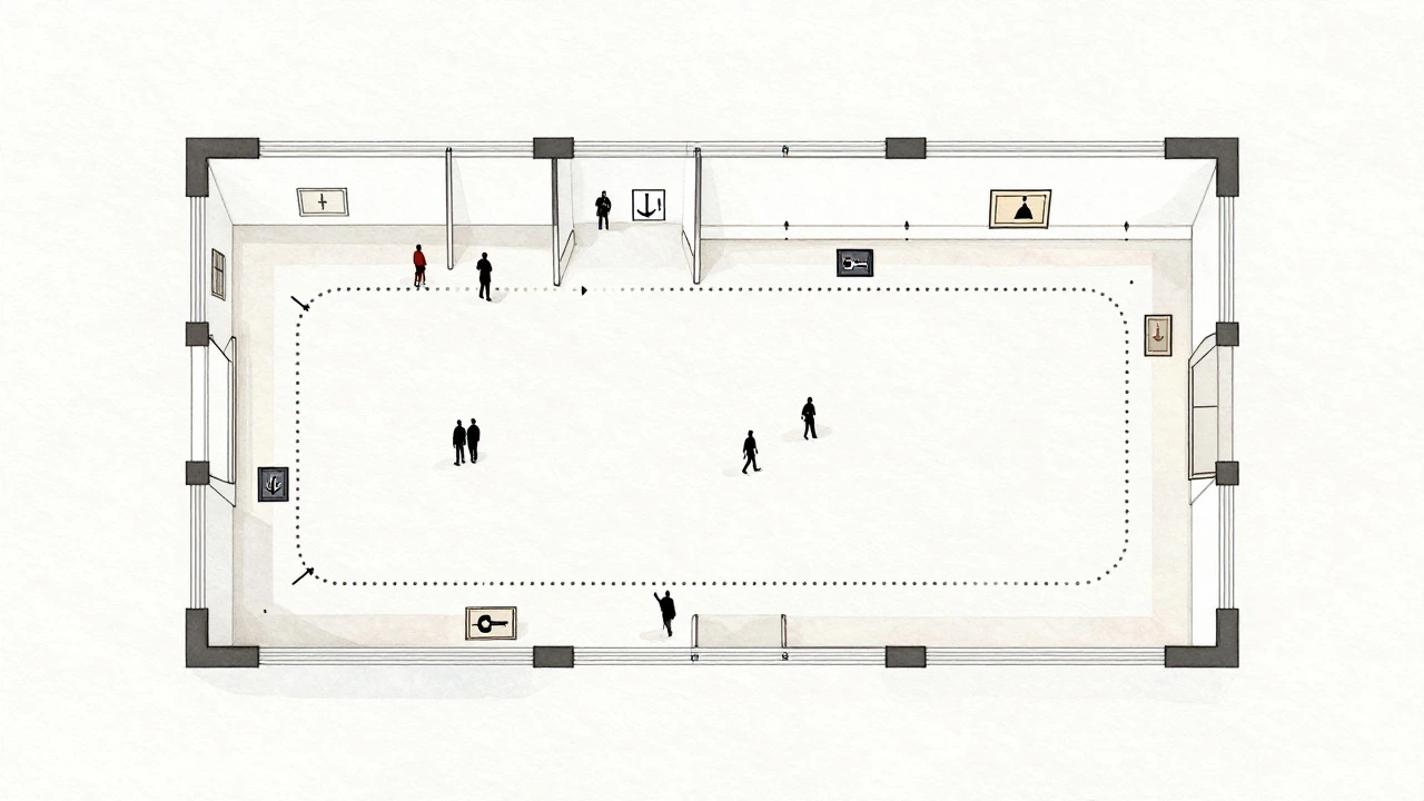 Top-down floor plan illustrating gallery traffic flow and art placement