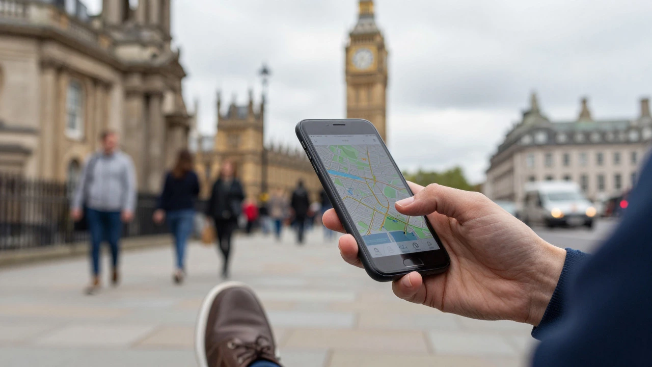 Traveler using a smartphone map on a busy city street with historic buildings