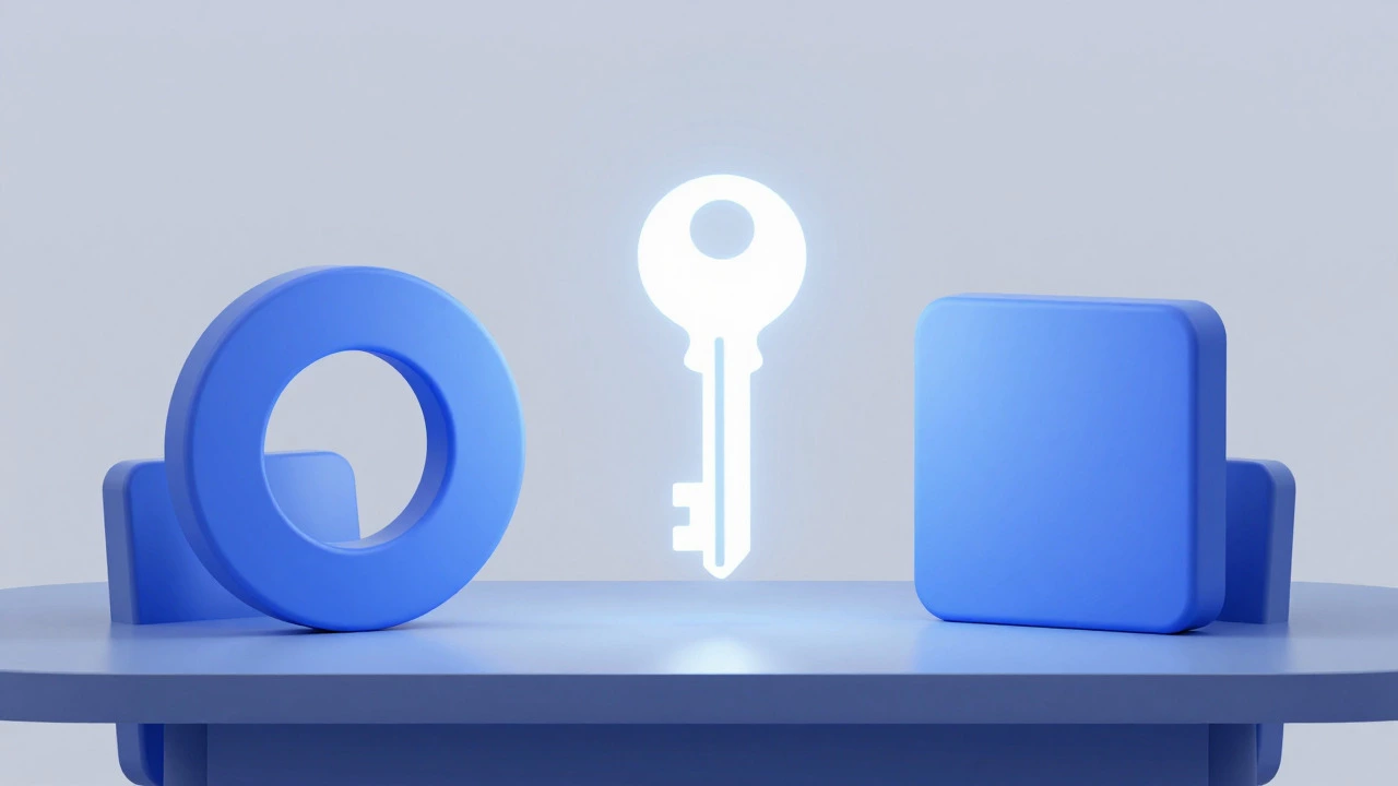 Two geometric shapes at a table with a glowing key floating between them