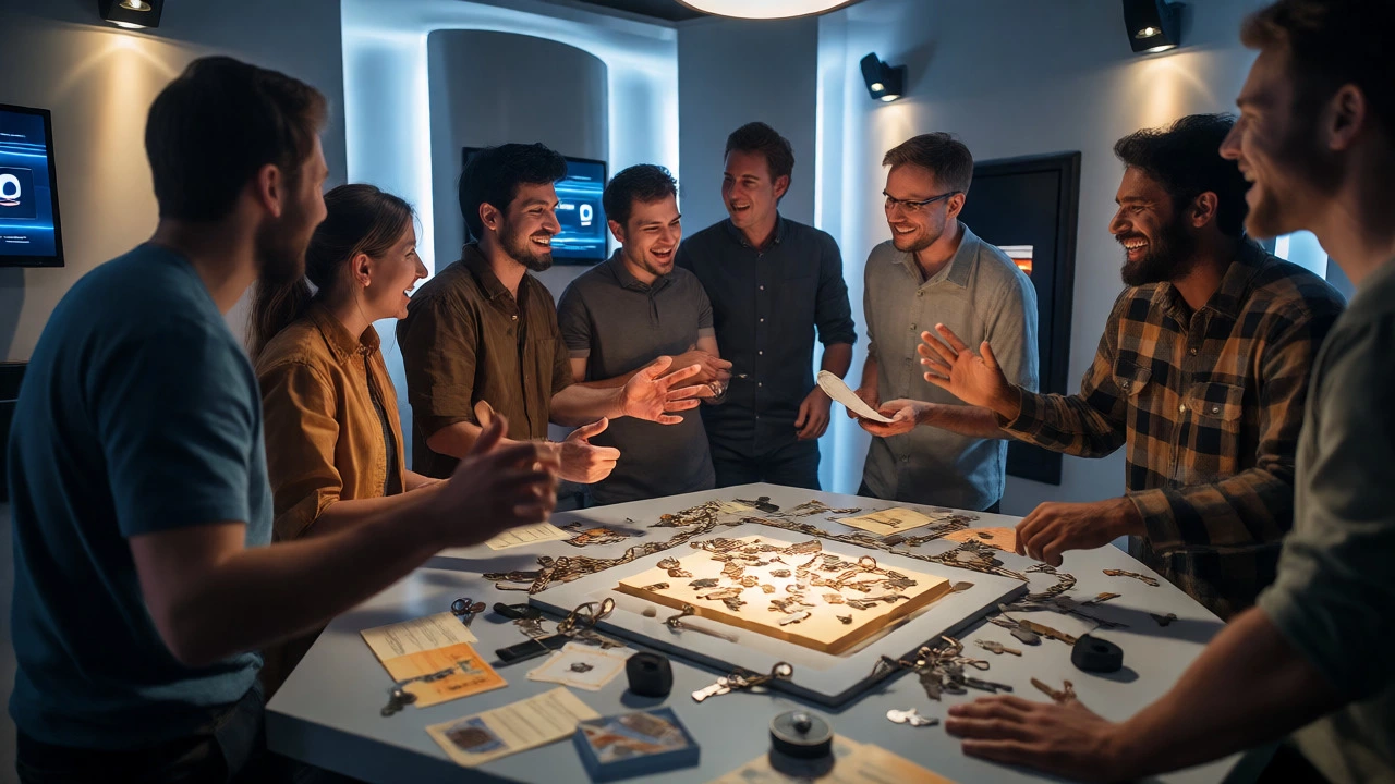A joyful team celebrating around a table with solved puzzle components.