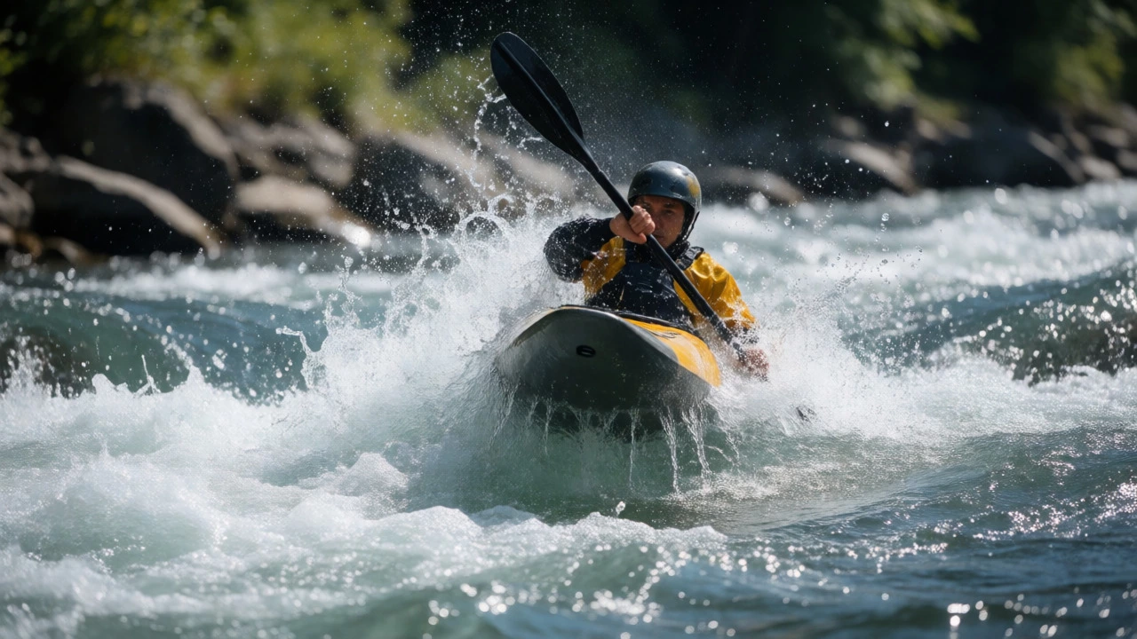 A kayaker navigating turbulent white-water rapids with splashing water.
