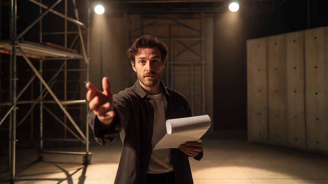 Actor addressing the audience directly in a minimalist theatre setting during a prologue.
