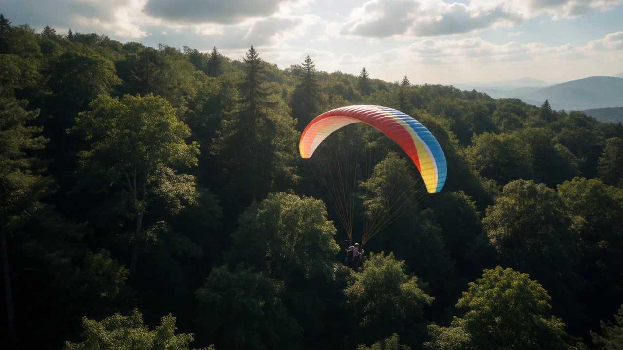 An aerial view of a paraglider flying above a dense green forest canopy.
