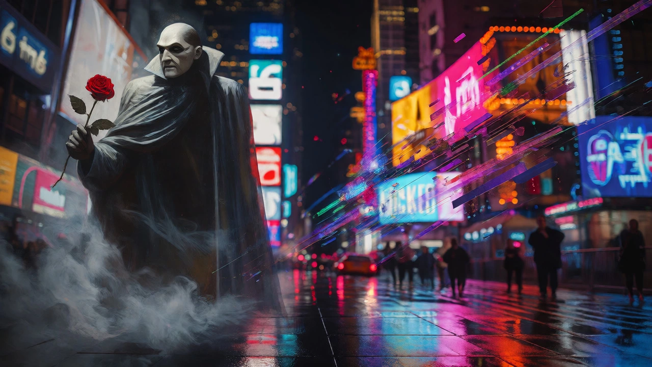 Artistic depiction of the Phantom fading away while modern neon Broadway concepts emerge.