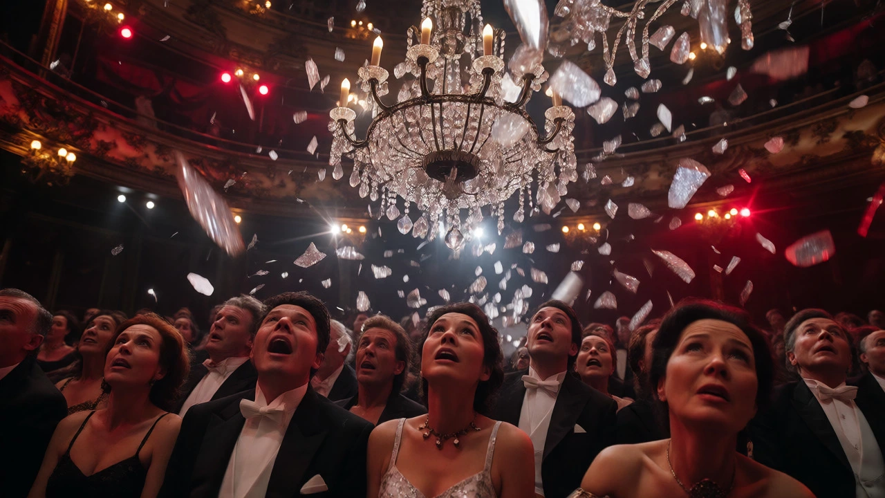 Audience watching in shock as a massive chandelier crashes down during a Broadway performance.