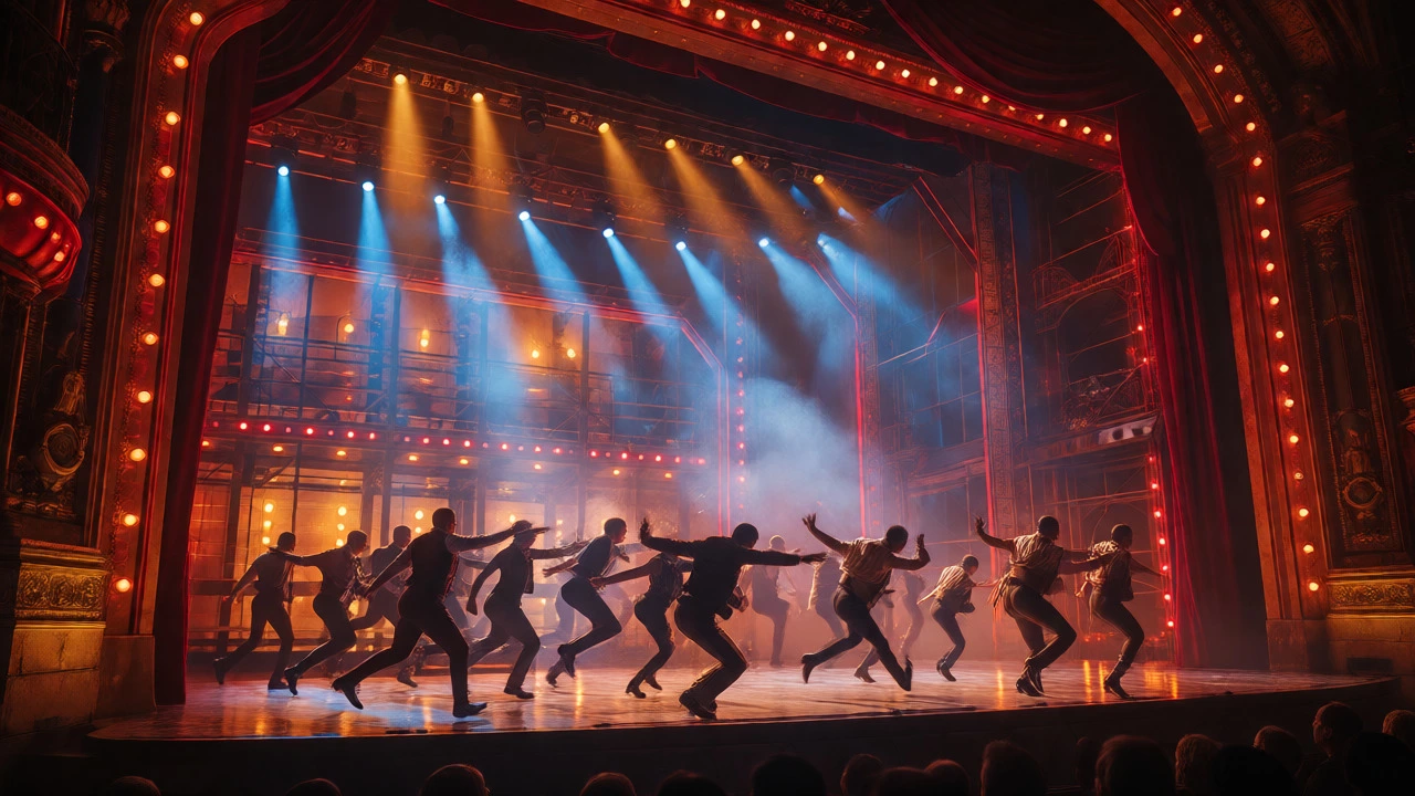Dynamic Broadway musical performance with dancers on a lit stage