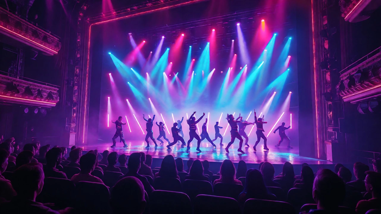 Energetic dancers performing under neon lights on a Broadway stage