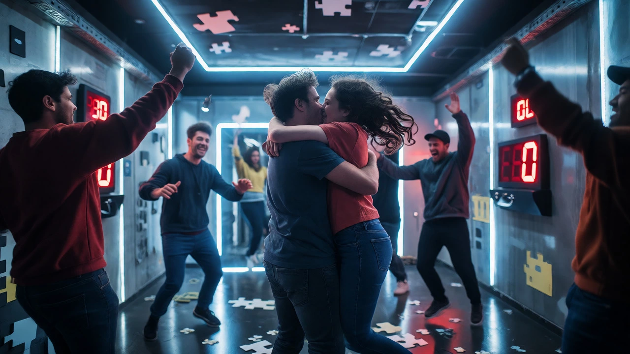 Excited couple kissing after successfully escaping a themed room