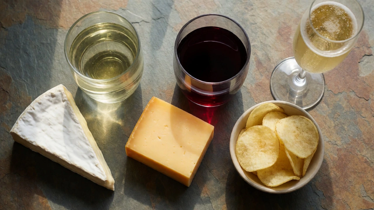 Flat lay of wine pairings including Brie with white wine, Cheddar with red, and chips with sparkling.