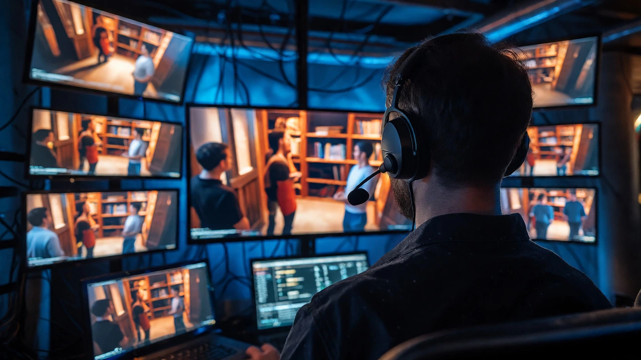 Game Master monitoring live video feeds of escape room games from a dark control room.