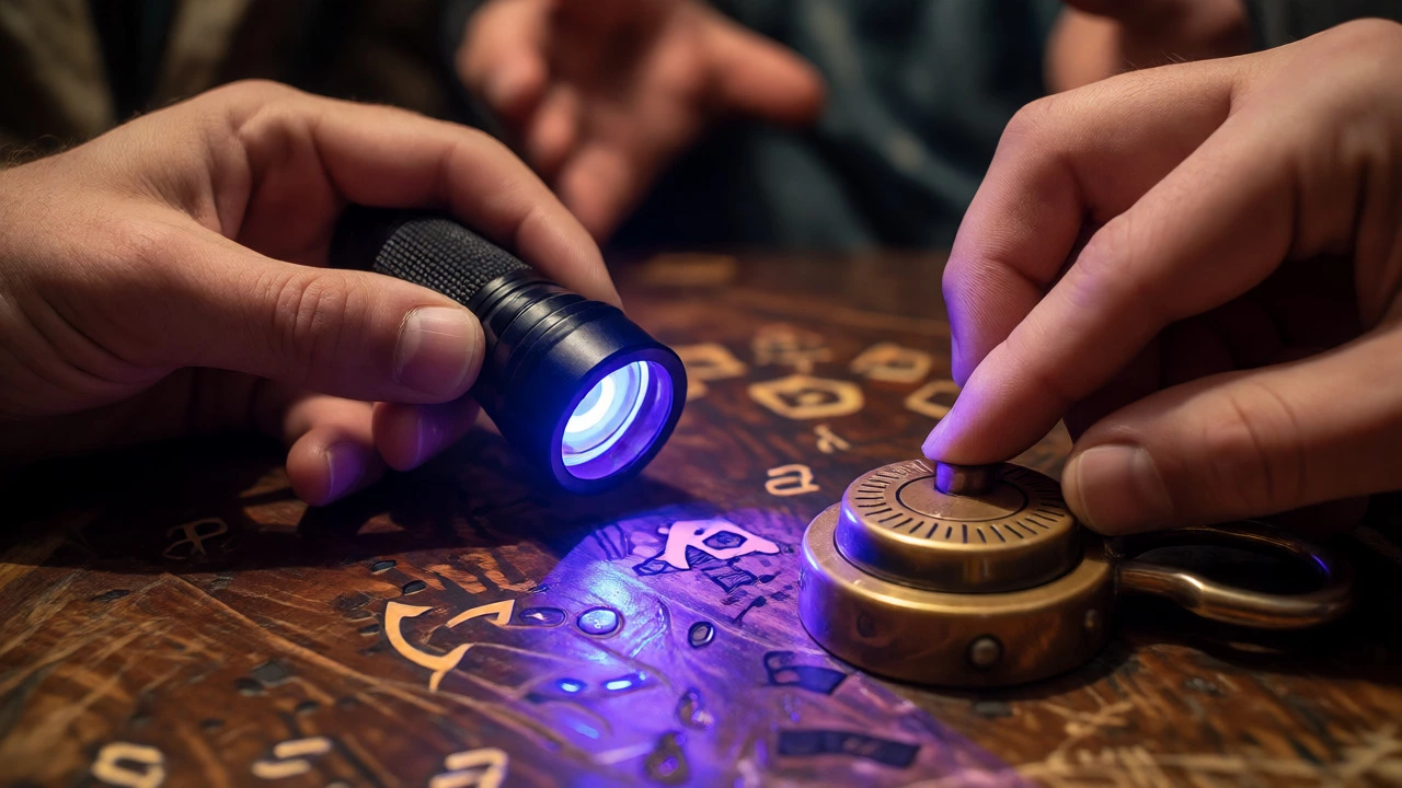 Hands using a UV light to reveal hidden clues on a wooden surface.