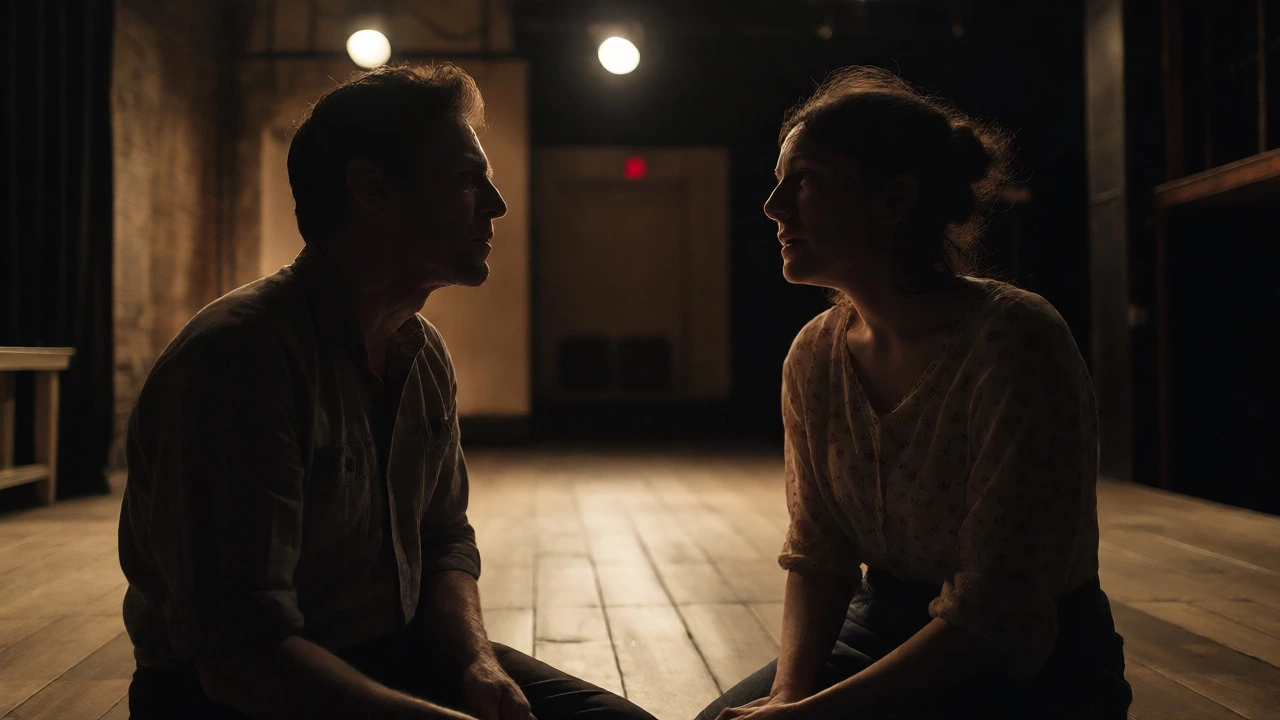 Intimate Off-Broadway play scene with actors on a minimalist stage