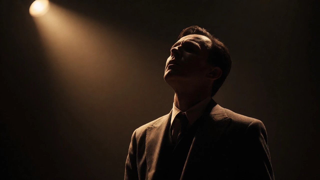Intimate spotlight on a dramatic actor performing a play on a thrust stage