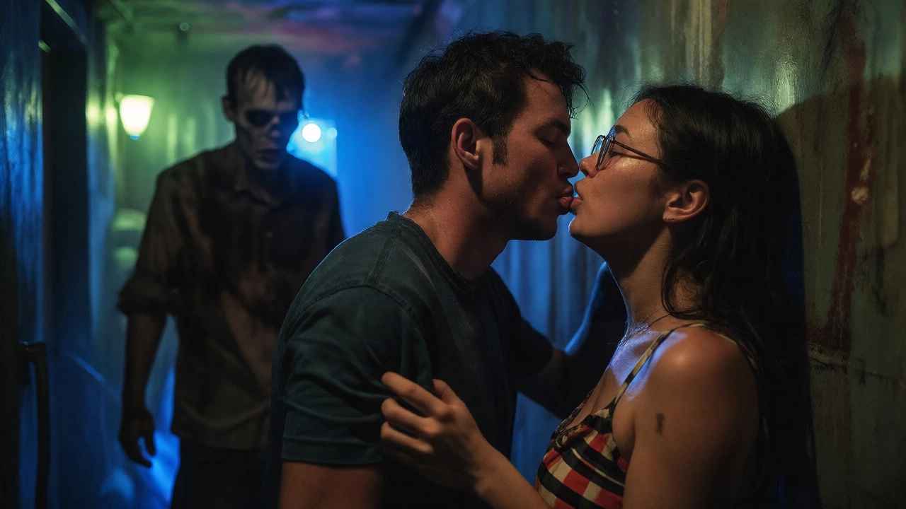 Partner comforting another with a kiss during a scary escape room scene